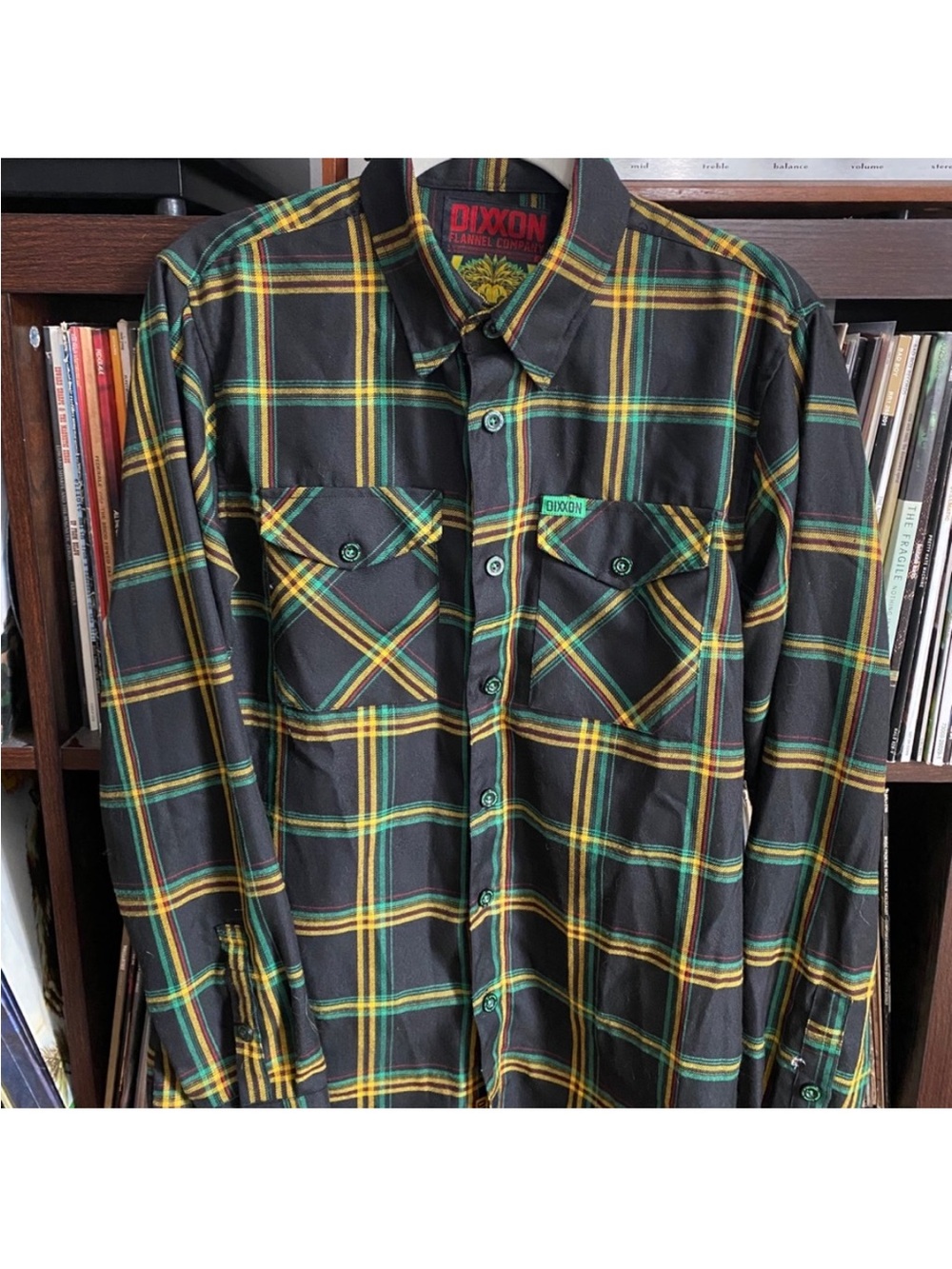 DIXXON Black Plaid Button-Down Shirt with Green & Yellow Stripes